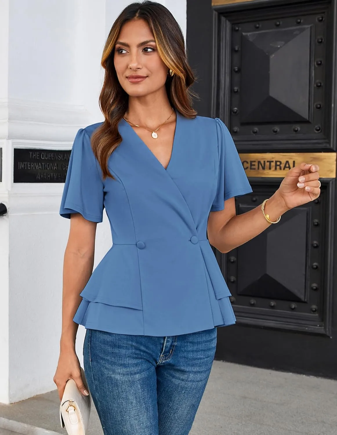 GRACE KARIN 2025 Women's Business Casual Outfits Peplum Tops Dressy Summer Short Sleeve V Neck Wrap Work Blouse Shirts