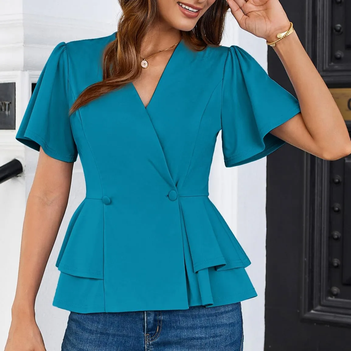 GRACE KARIN 2025 Women's Business Casual Outfits Peplum Tops Dressy Summer Short Sleeve V Neck Wrap Work Blouse Shirts