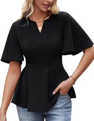 GRACE KARIN 2025 Women's Elegant V Neck Peplum Tops Short Bell Sleeve Chiffon Shirts Tops Blouse