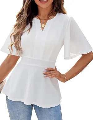 GRACE KARIN 2025 Women's Elegant V Neck Peplum Tops Short Bell Sleeve Chiffon Shirts Tops Blouse
