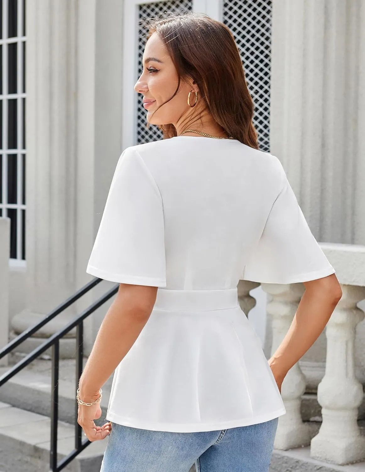 GRACE KARIN 2025 Women's Elegant V Neck Peplum Tops Short Bell Sleeve Chiffon Shirts Tops Blouse