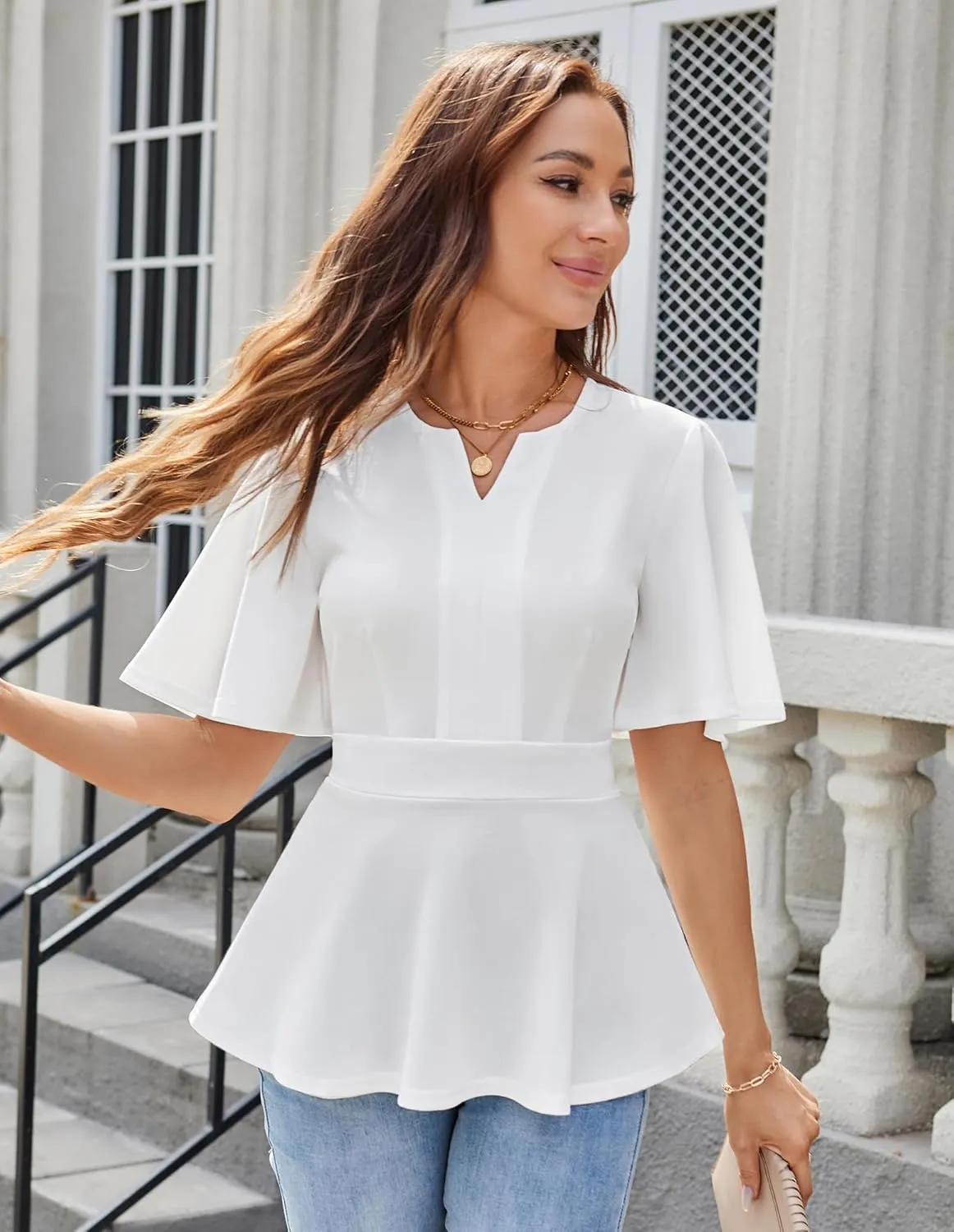 GRACE KARIN 2025 Women's Elegant V Neck Peplum Tops Short Bell Sleeve Chiffon Shirts Tops Blouse