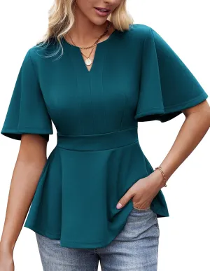 GRACE KARIN 2025 Women's Elegant V Neck Peplum Tops Short Bell Sleeve Chiffon Shirts Tops Blouse