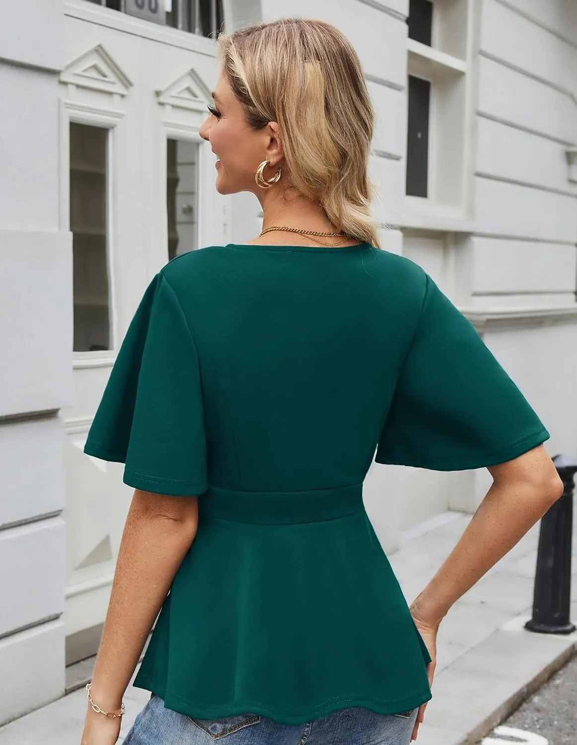 GRACE KARIN 2025 Women's Elegant V Neck Peplum Tops Short Bell Sleeve Chiffon Shirts Tops Blouse