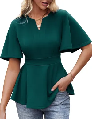 GRACE KARIN 2025 Women's Elegant V Neck Peplum Tops Short Bell Sleeve Chiffon Shirts Tops Blouse