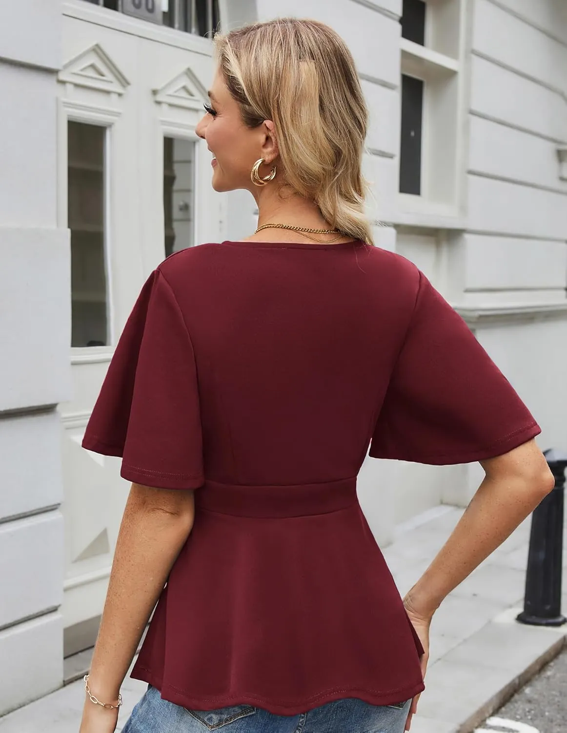 GRACE KARIN 2025 Women's Elegant V Neck Peplum Tops Short Bell Sleeve Chiffon Shirts Tops Blouse