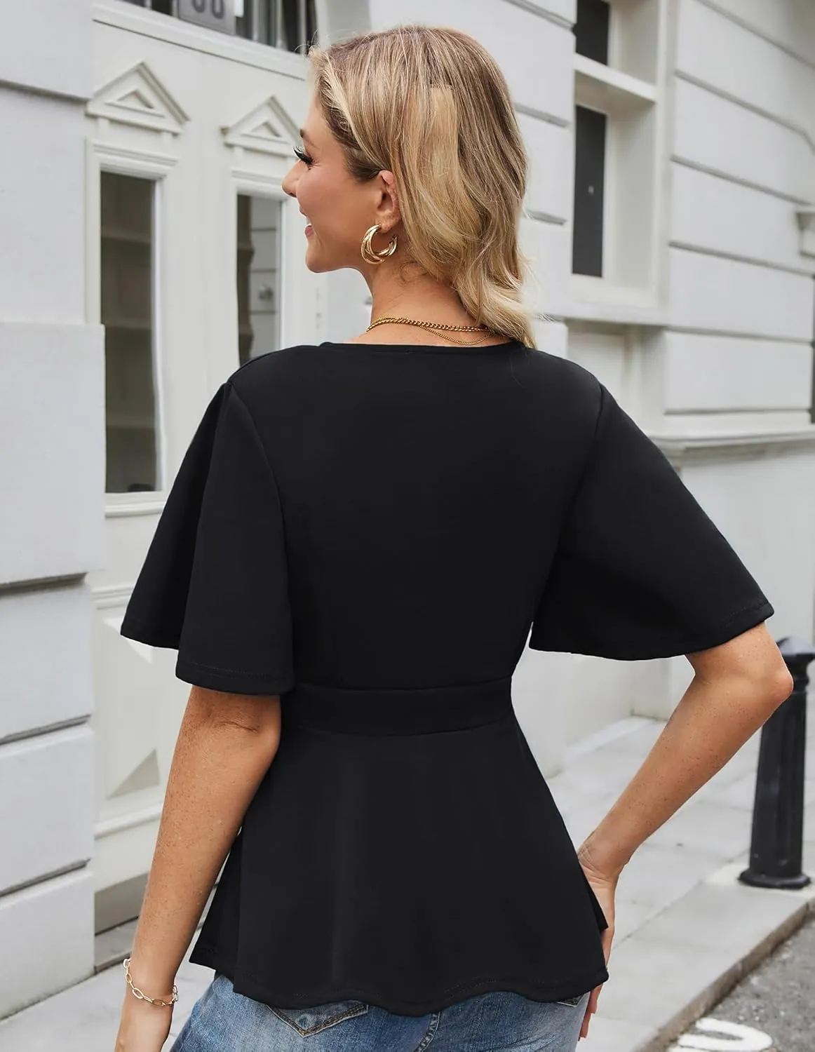 GRACE KARIN 2025 Women's Elegant V Neck Peplum Tops Short Bell Sleeve Chiffon Shirts Tops Blouse