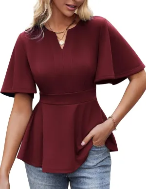 GRACE KARIN 2025 Women's Elegant V Neck Peplum Tops Short Bell Sleeve Chiffon Shirts Tops Blouse