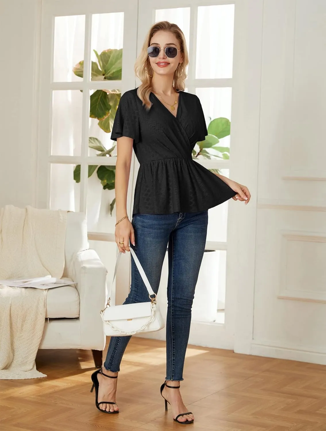 GRACE KARIN 2025 Womens Summer Tops Wrap V Neck Eyelet Top Ruffle Sleeve Peplum Casual T Shirts
