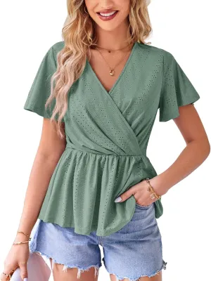 GRACE KARIN 2025 Womens Summer Tops Wrap V Neck Eyelet Top Ruffle Sleeve Peplum Casual T Shirts