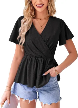 GRACE KARIN 2025 Womens Summer Tops Wrap V Neck Eyelet Top Ruffle Sleeve Peplum Casual T Shirts