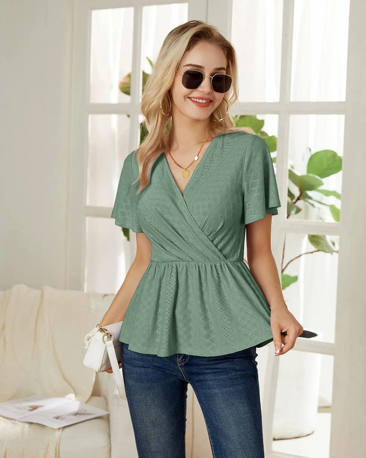 GRACE KARIN 2025 Womens Summer Tops Wrap V Neck Eyelet Top Ruffle Sleeve Peplum Casual T Shirts