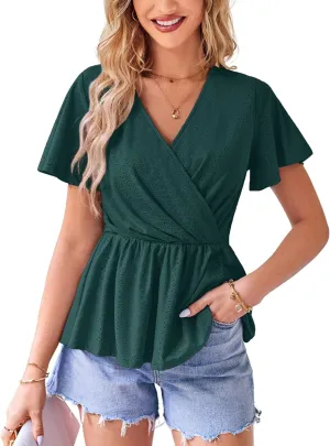 GRACE KARIN 2025 Womens Summer Tops Wrap V Neck Eyelet Top Ruffle Sleeve Peplum Casual T Shirts