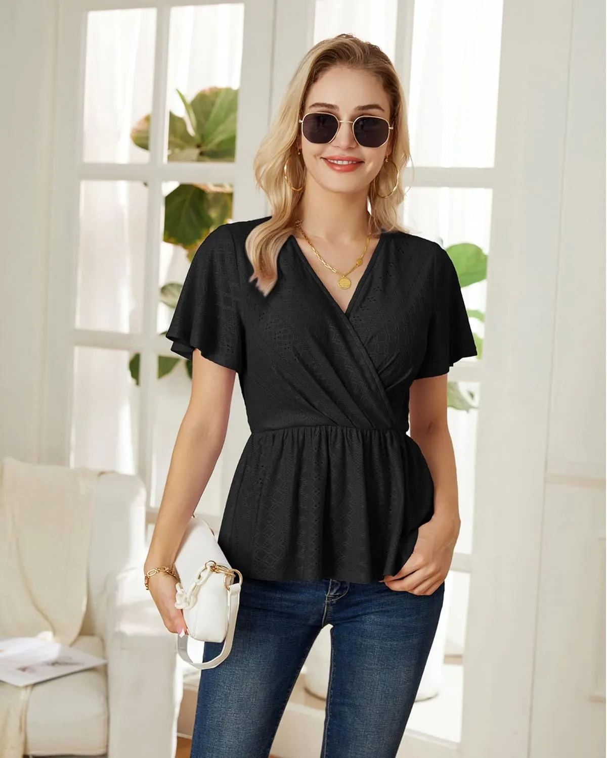 GRACE KARIN 2025 Womens Summer Tops Wrap V Neck Eyelet Top Ruffle Sleeve Peplum Casual T Shirts