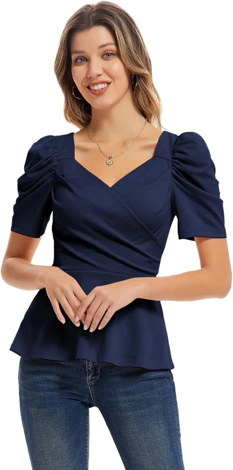 GRACE KARIN 2025 Womens Tops Elegant Peplum Top Wrap V Neck Puff Short Sleeve Summer Tops Blouse