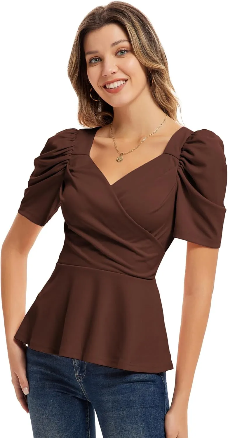 GRACE KARIN 2025 Womens Tops Elegant Peplum Top Wrap V Neck Puff Short Sleeve Summer Tops Blouse