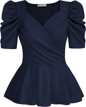GRACE KARIN 2025 Womens Tops Elegant Peplum Top Wrap V Neck Puff Short Sleeve Summer Tops Blouse