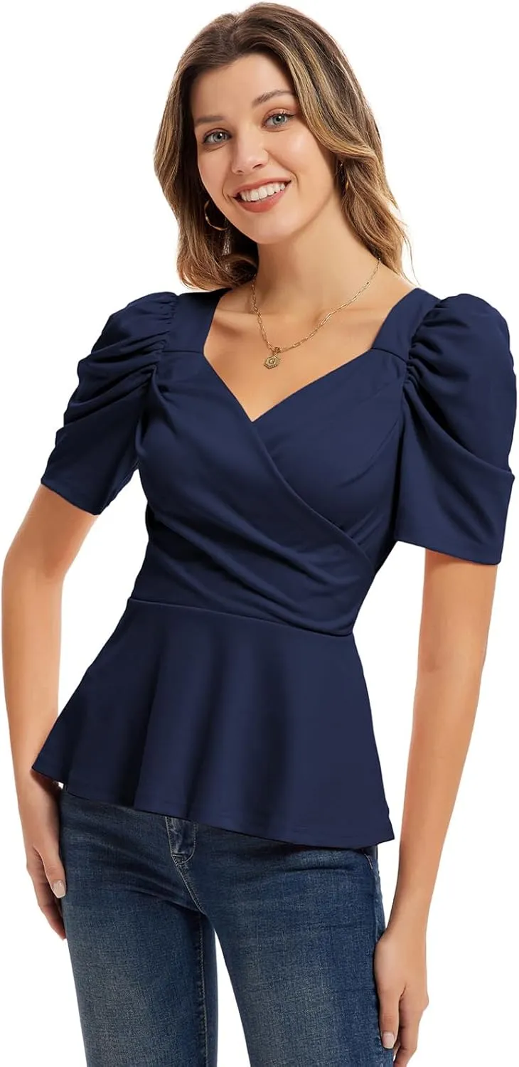 GRACE KARIN 2025 Womens Tops Elegant Peplum Top Wrap V Neck Puff Short Sleeve Summer Tops Blouse