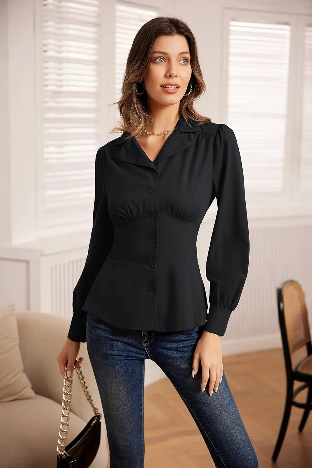 GRACE KARIN Button Down Shirts for Women Summer Peplum Tops Long Sleeve Work Blouse Collared Shirt Dressy Top