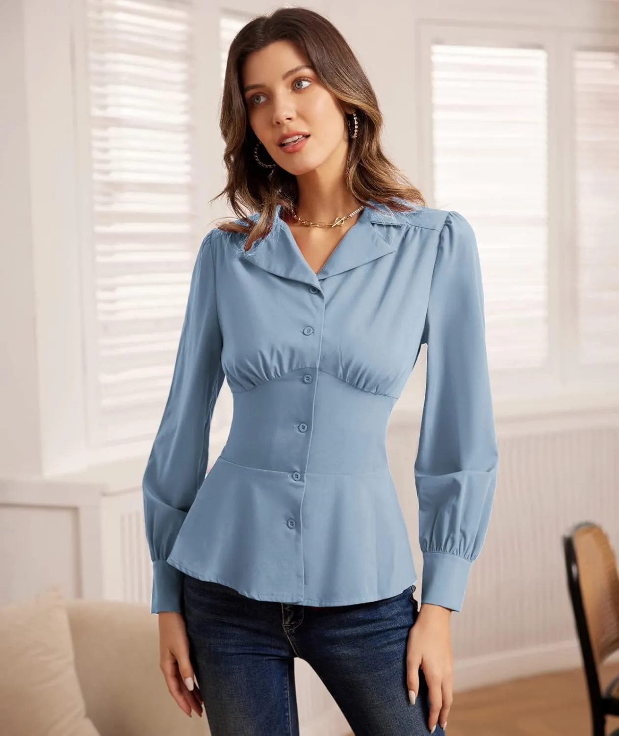 GRACE KARIN Button Down Shirts for Women Summer Peplum Tops Long Sleeve Work Blouse Collared Shirt Dressy Top