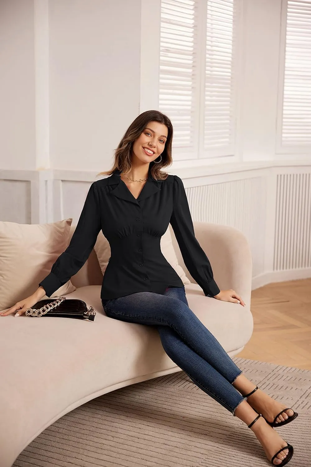 GRACE KARIN Button Down Shirts for Women Summer Peplum Tops Long Sleeve Work Blouse Collared Shirt Dressy Top