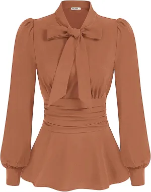 GRACE KARIN Women's 2025 Long Sleeve Peplum Dressy Shirt Office Bow Tie Work Blouses Tops Smocked Waist