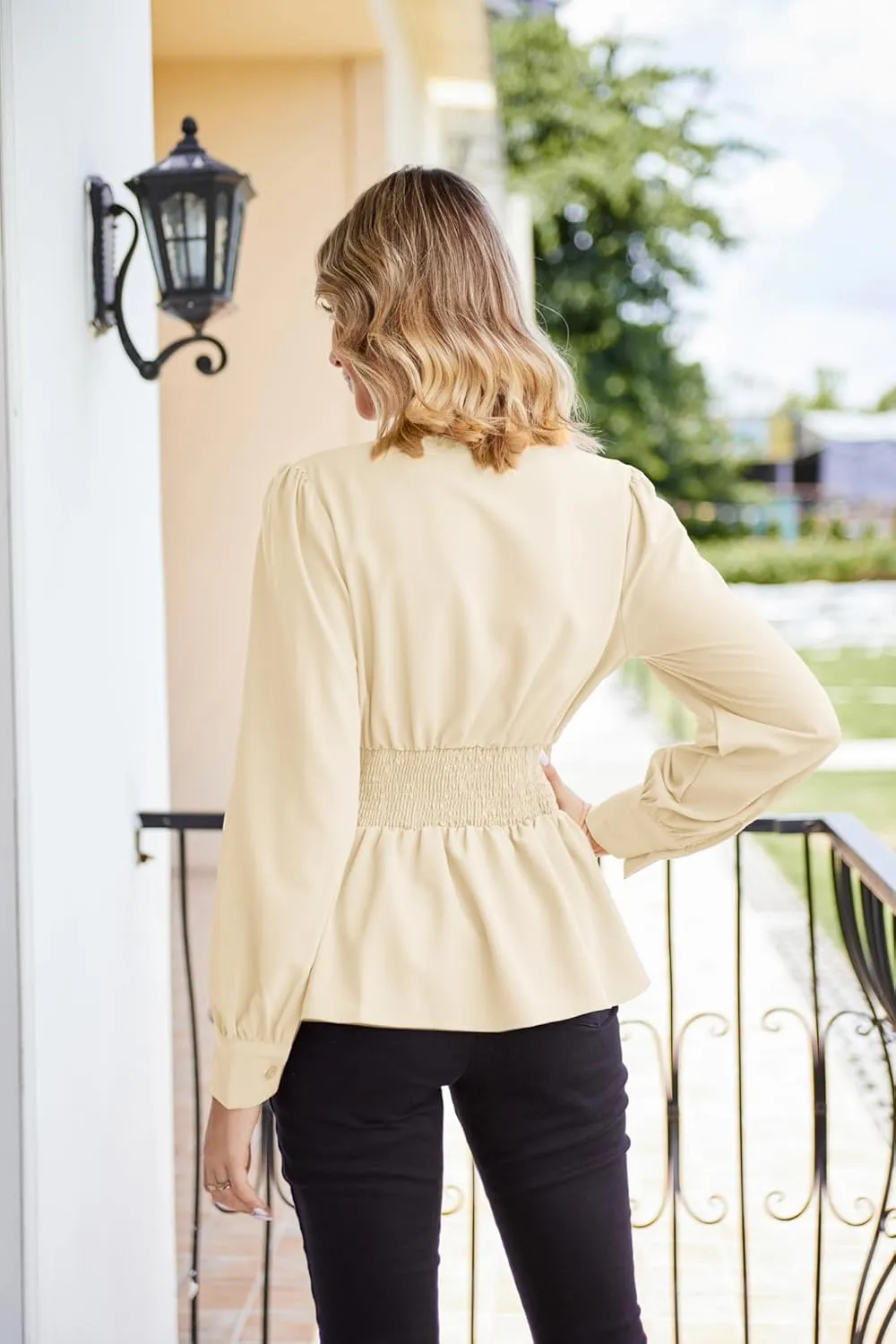 GRACE KARIN Women's 2025 Long Sleeve Peplum Dressy Shirt Office Bow Tie Work Blouses Tops Smocked Waist