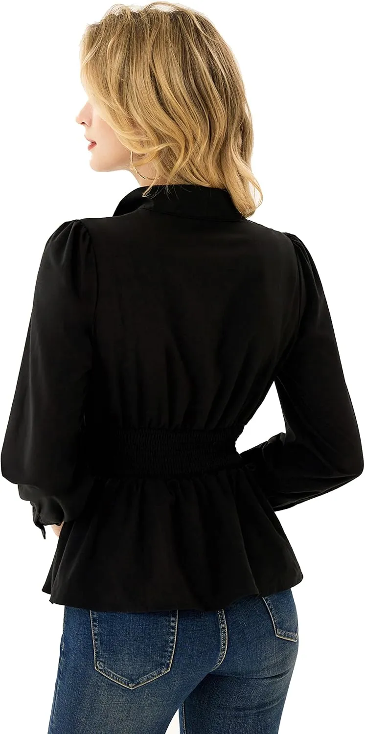 GRACE KARIN Women's 2025 Long Sleeve Peplum Dressy Shirt Office Bow Tie Work Blouses Tops Smocked Waist