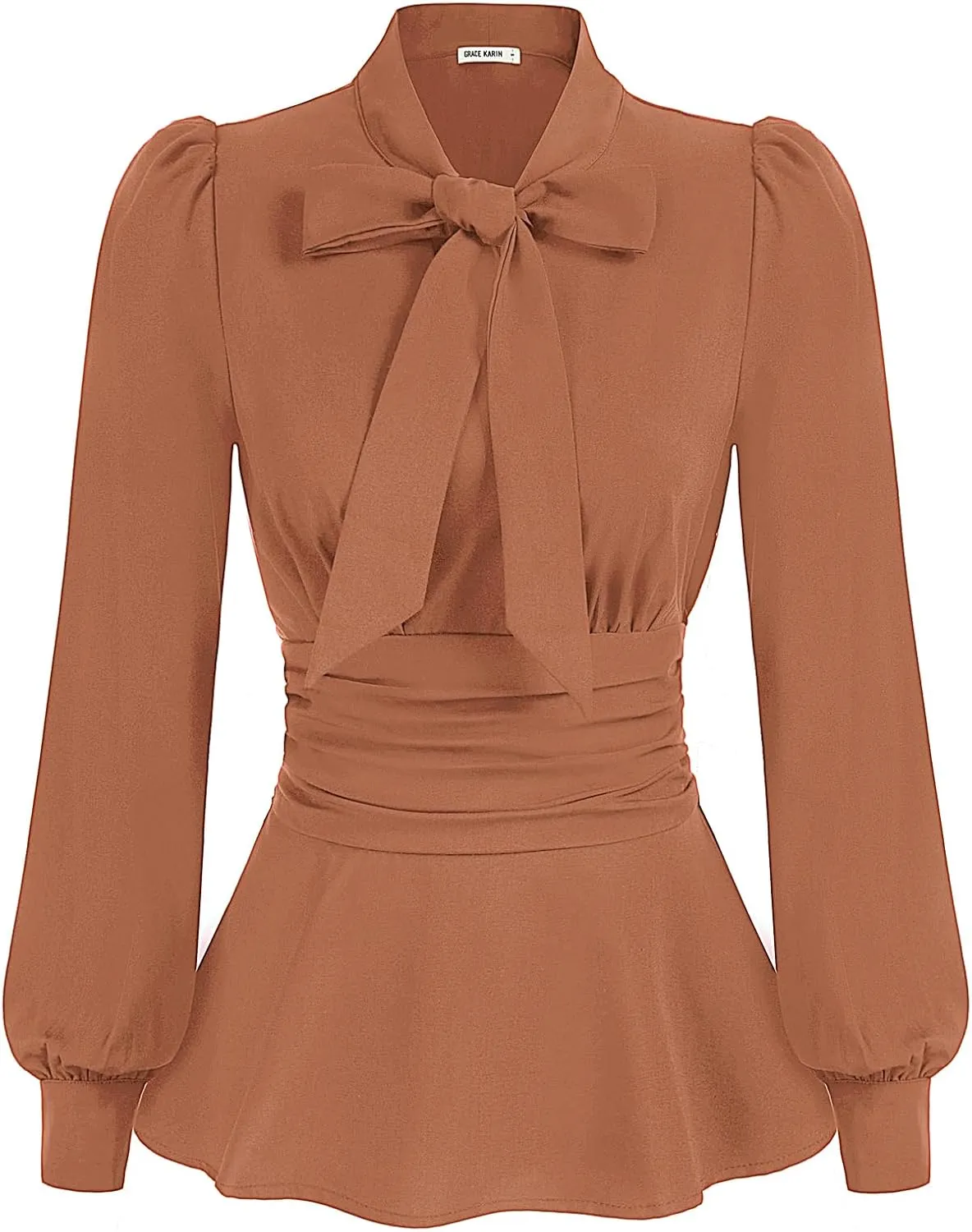 GRACE KARIN Women's 2025 Long Sleeve Peplum Dressy Shirt Office Bow Tie Work Blouses Tops Smocked Waist