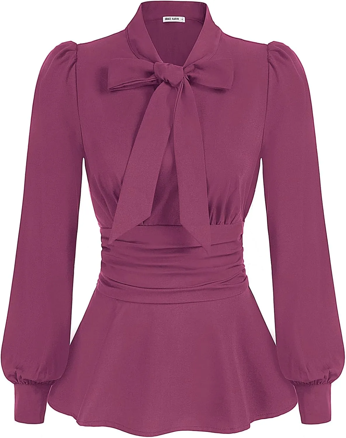 GRACE KARIN Women's 2025 Long Sleeve Peplum Dressy Shirt Office Bow Tie Work Blouses Tops Smocked Waist