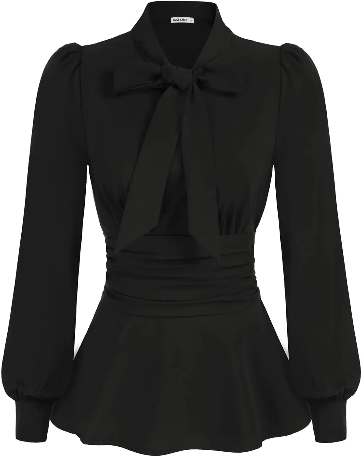 GRACE KARIN Women's 2025 Long Sleeve Peplum Dressy Shirt Office Bow Tie Work Blouses Tops Smocked Waist