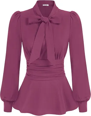 GRACE KARIN Women's 2025 Long Sleeve Peplum Dressy Shirt Office Bow Tie Work Blouses Tops Smocked Waist