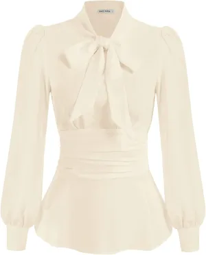 GRACE KARIN Women's 2025 Long Sleeve Peplum Dressy Shirt Office Bow Tie Work Blouses Tops Smocked Waist