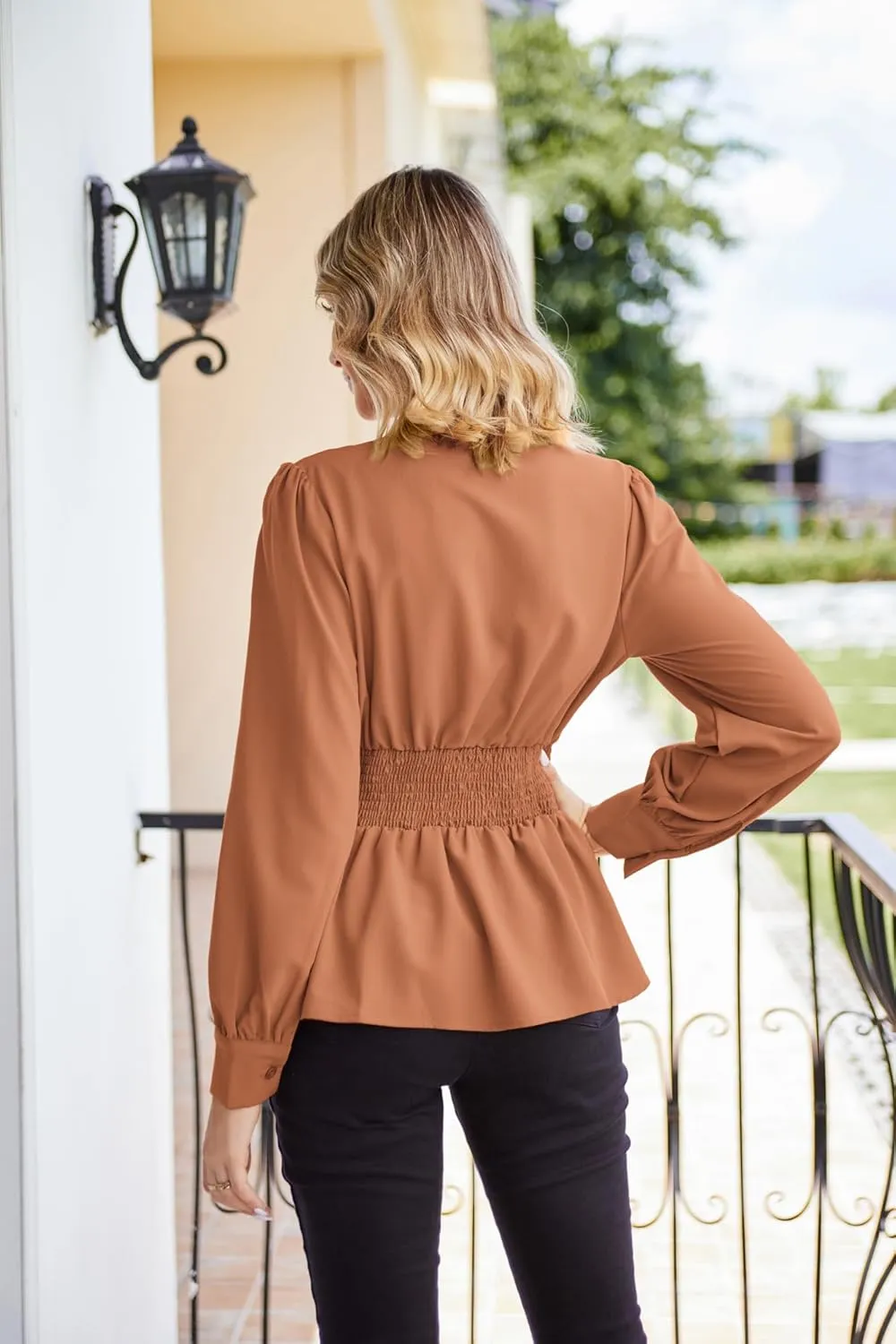 GRACE KARIN Women's 2025 Long Sleeve Peplum Dressy Shirt Office Bow Tie Work Blouses Tops Smocked Waist
