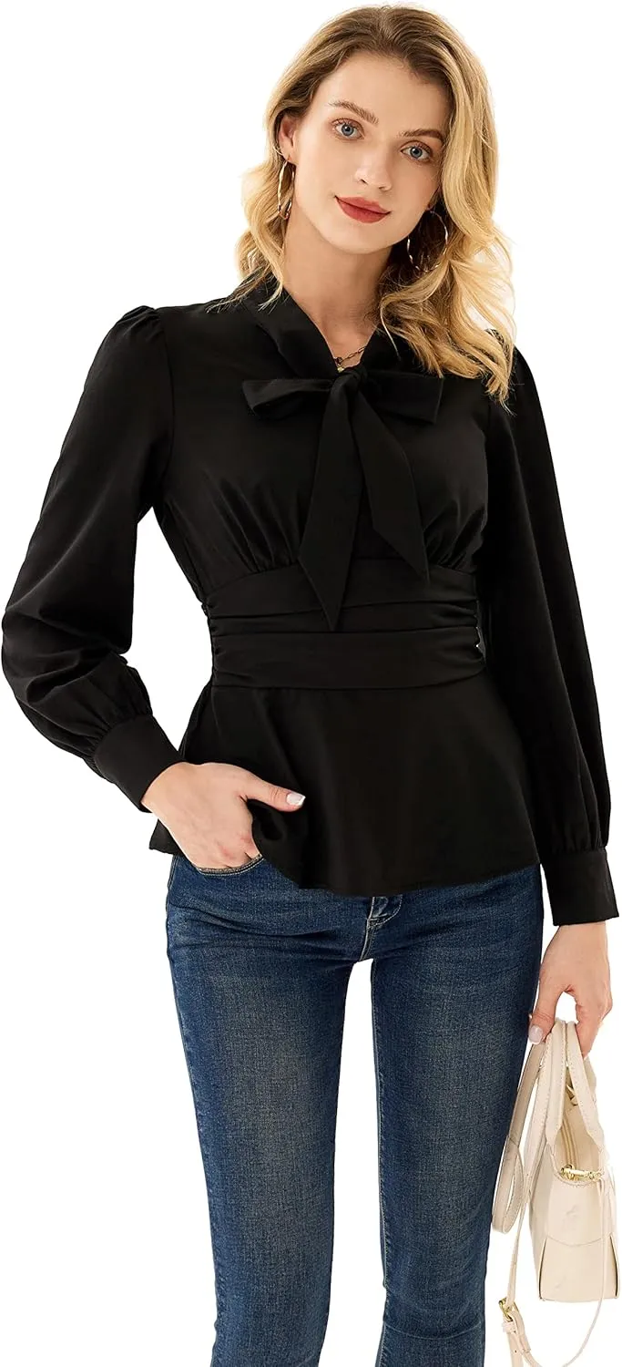 GRACE KARIN Women's 2025 Long Sleeve Peplum Dressy Shirt Office Bow Tie Work Blouses Tops Smocked Waist