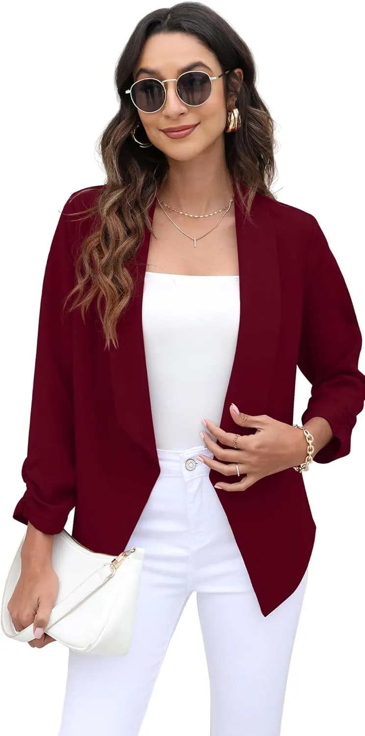 GRECERELLE Women's Blazer Suit Open Front Cardigan 3/4 Sleeve Fitted Jacket Casual Office Cropped Blazer