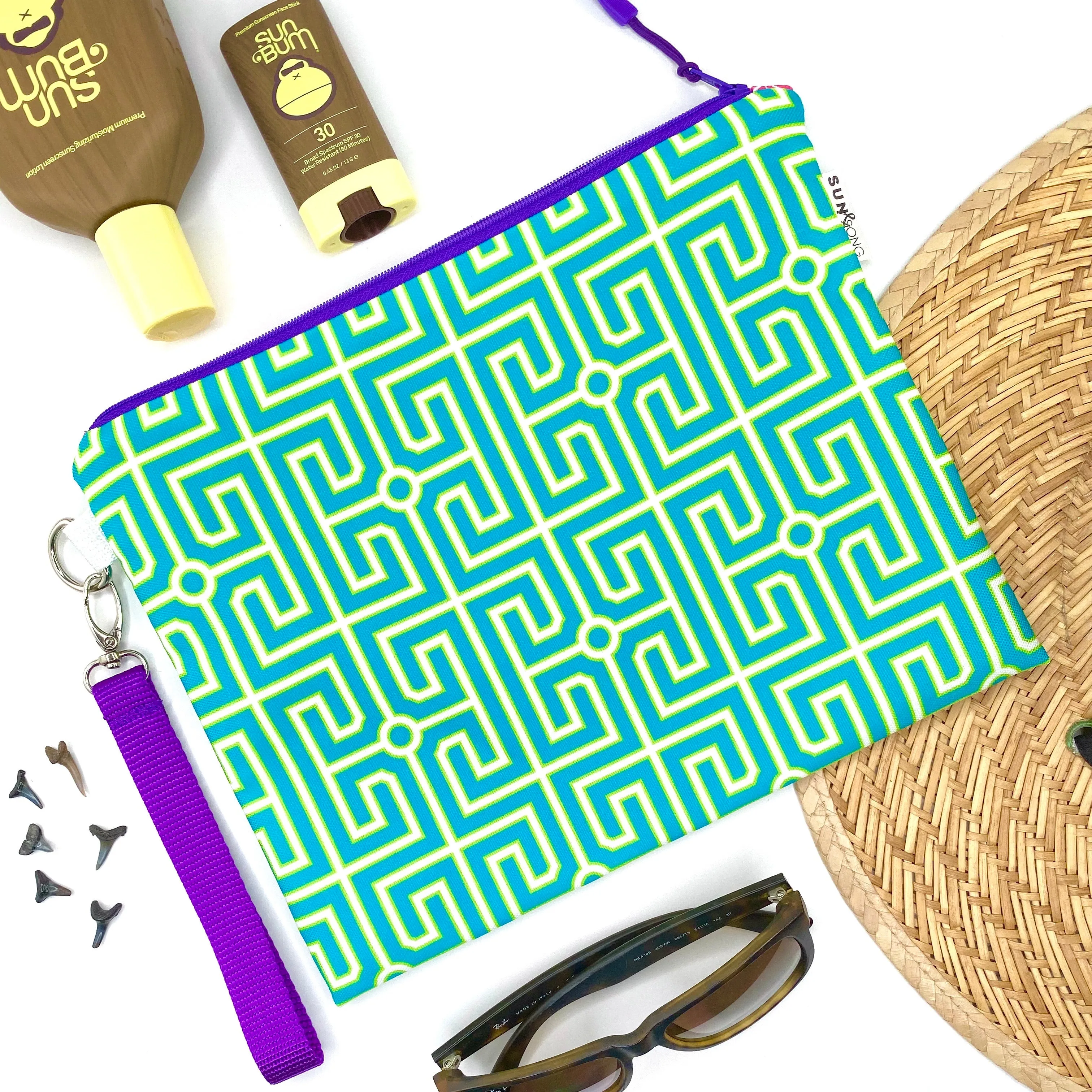 Greek Key in Blue   Green, Water-Resistant Wet Bag