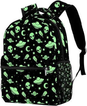 Green Alien UFO Moon Outer Space Galaxy Casual School Backpack For Teen Girls Boys, Shoulder Bag For Men Women