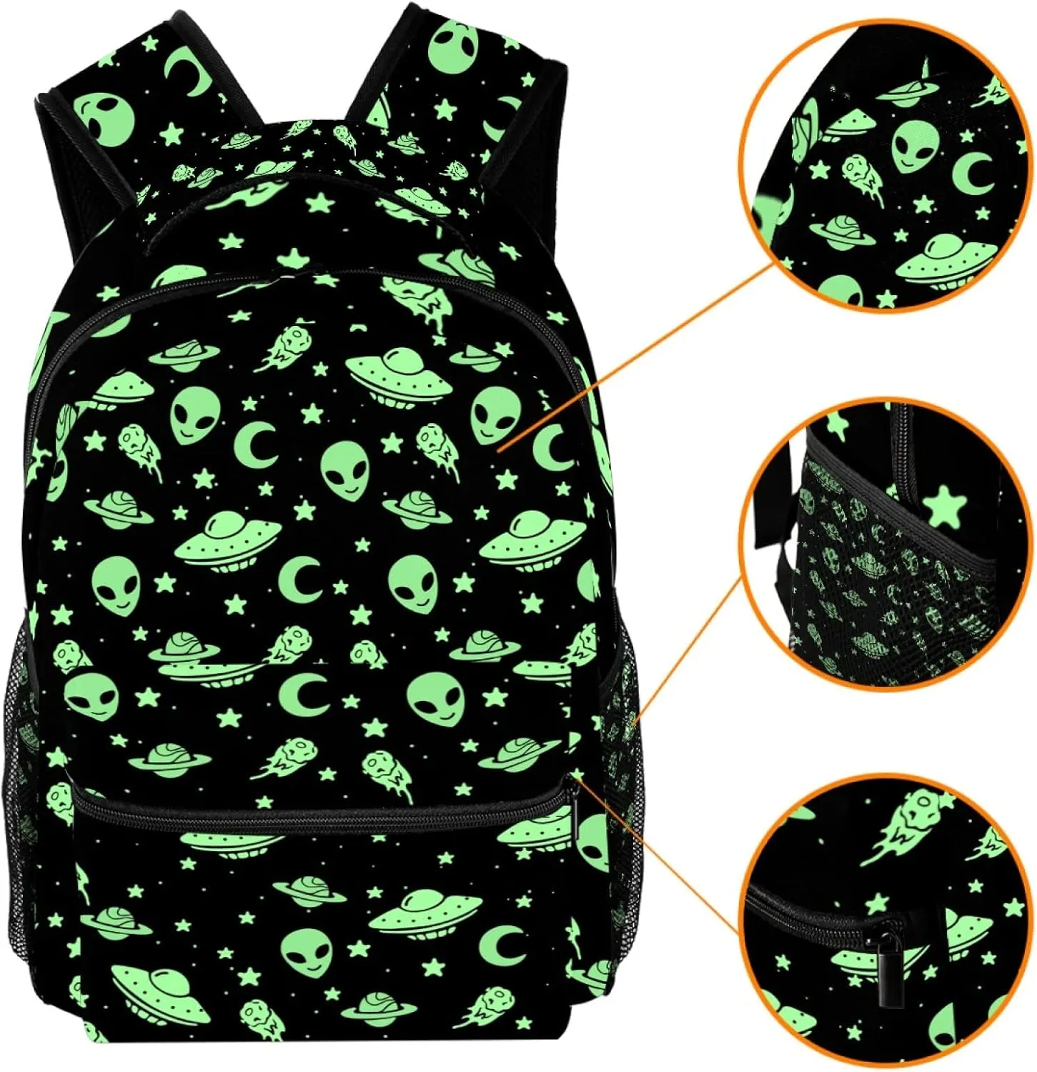 Green Alien UFO Moon Outer Space Galaxy Casual School Backpack For Teen Girls Boys, Shoulder Bag For Men Women