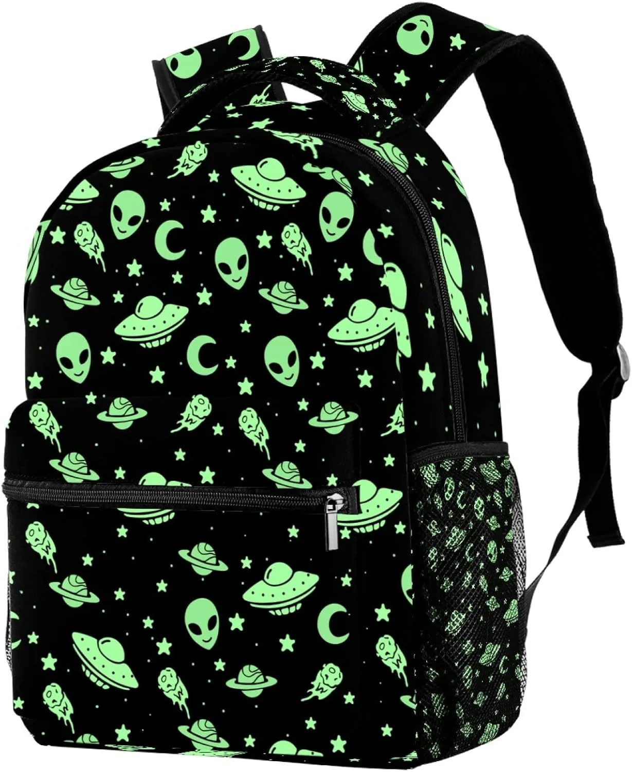 Green Alien UFO Moon Outer Space Galaxy Casual School Backpack For Teen Girls Boys, Shoulder Bag For Men Women
