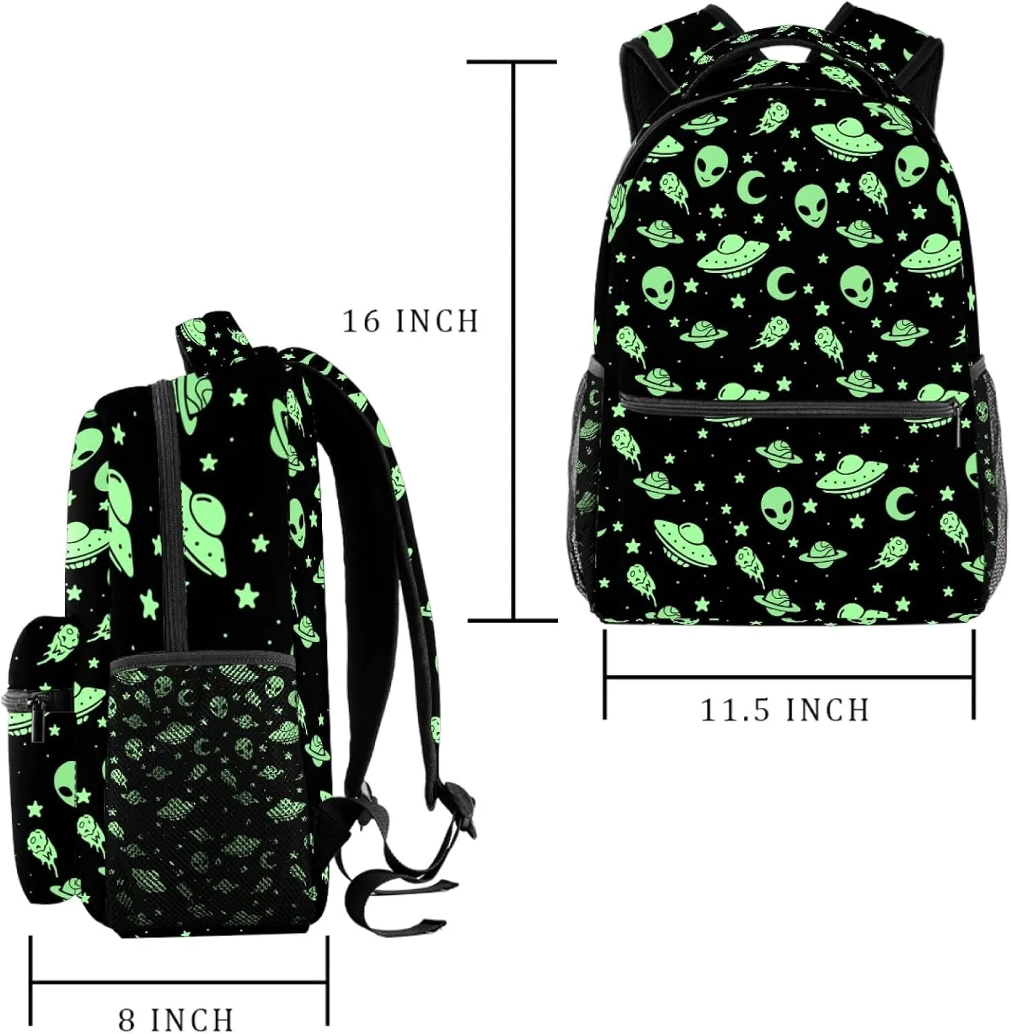 Green Alien UFO Moon Outer Space Galaxy Casual School Backpack For Teen Girls Boys, Shoulder Bag For Men Women