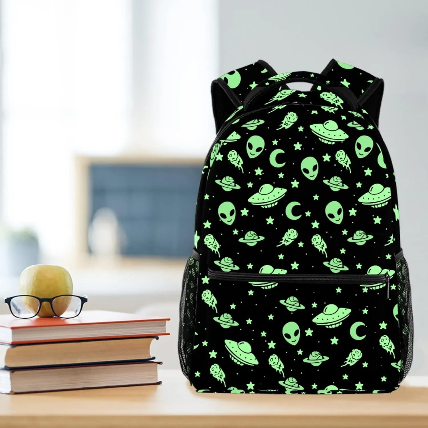 Green Alien UFO Moon Outer Space Galaxy Casual School Backpack For Teen Girls Boys, Shoulder Bag For Men Women