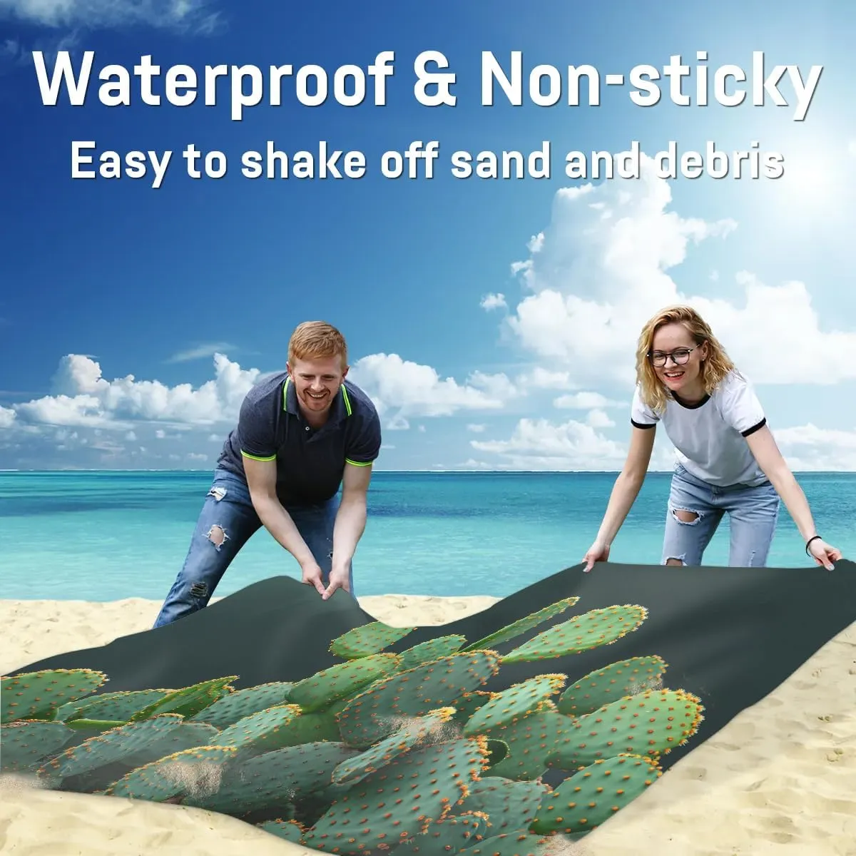 Green Cactus Beach Blanket, Sandproof Beach Mat, 68 x 59 Waterproof Quick Drying Sand Free Mat with 4 x Ground Spikes for Outdoor Travel Camping Hiking, Cute Cactus