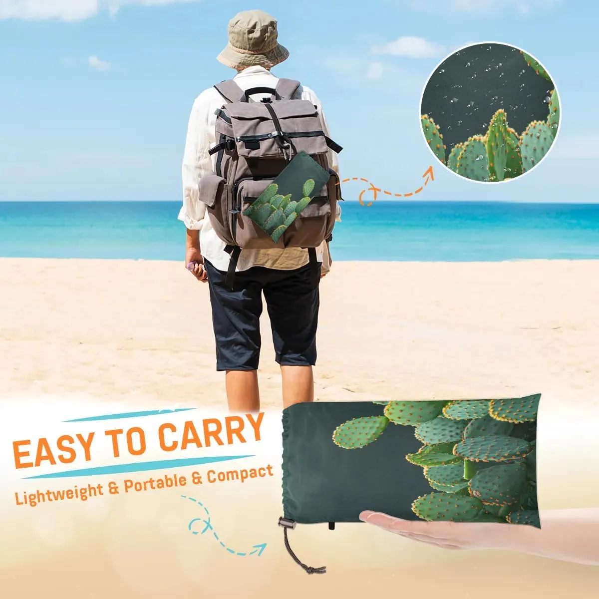 Green Cactus Beach Blanket, Sandproof Beach Mat, 68 x 59 Waterproof Quick Drying Sand Free Mat with 4 x Ground Spikes for Outdoor Travel Camping Hiking, Cute Cactus
