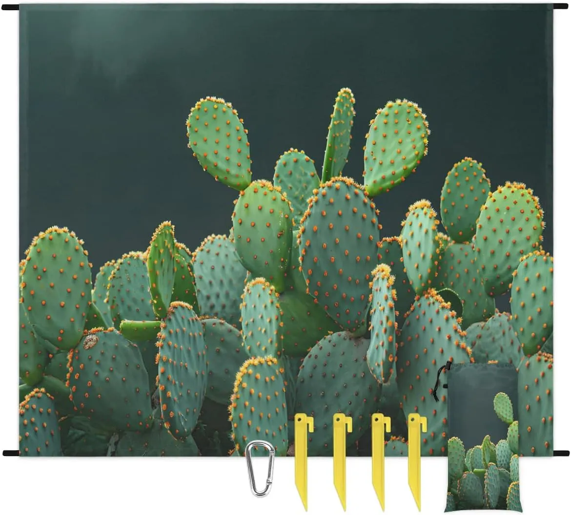 Green Cactus Beach Blanket, Sandproof Beach Mat, 68 x 59 Waterproof Quick Drying Sand Free Mat with 4 x Ground Spikes for Outdoor Travel Camping Hiking, Cute Cactus