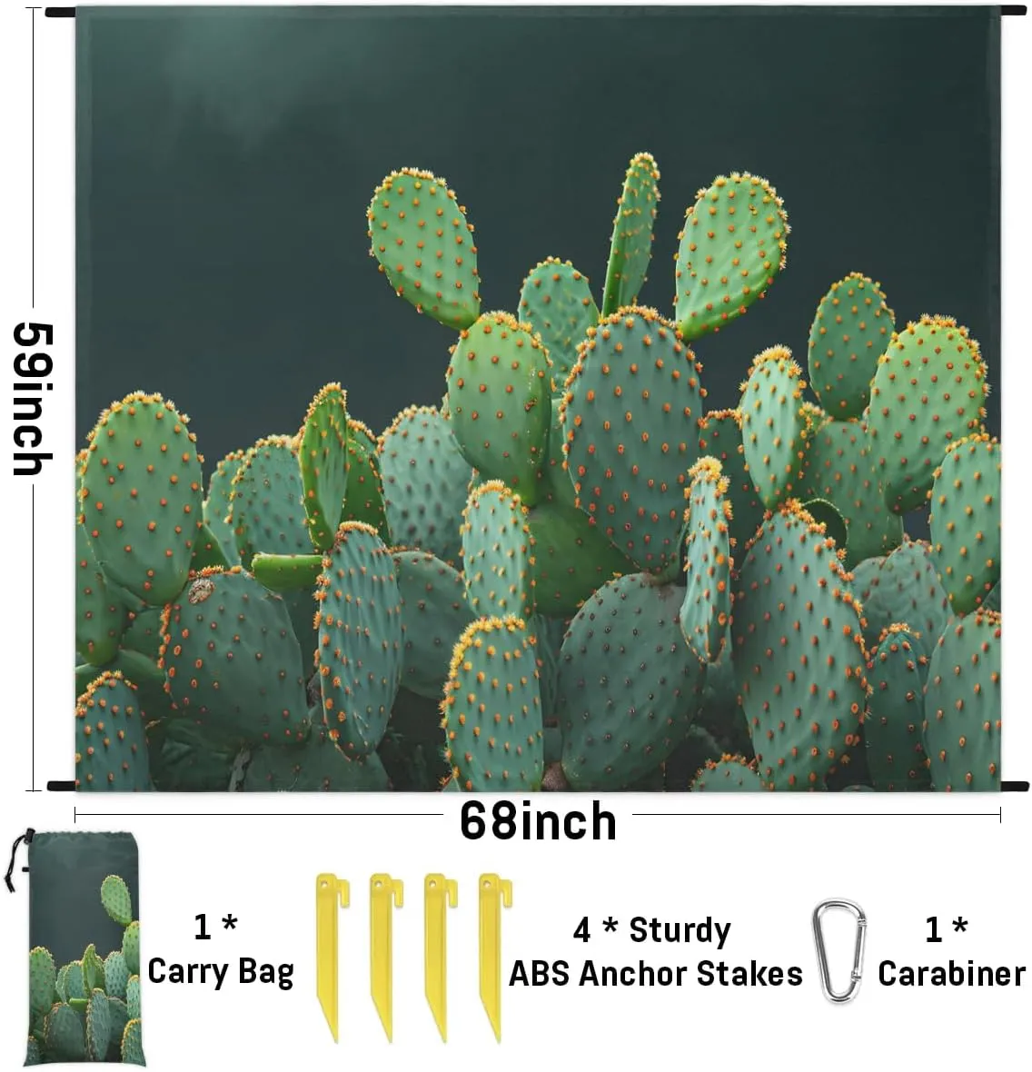 Green Cactus Beach Blanket, Sandproof Beach Mat, 68 x 59 Waterproof Quick Drying Sand Free Mat with 4 x Ground Spikes for Outdoor Travel Camping Hiking, Cute Cactus