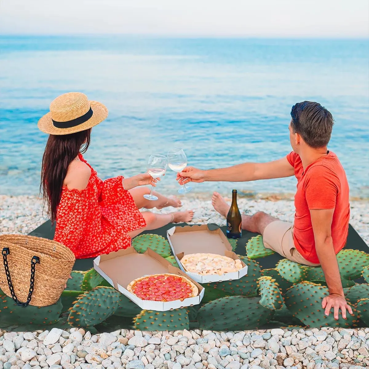 Green Cactus Beach Blanket, Sandproof Beach Mat, 68 x 59 Waterproof Quick Drying Sand Free Mat with 4 x Ground Spikes for Outdoor Travel Camping Hiking, Cute Cactus