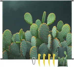 Green Cactus Beach Blanket, Sandproof Beach Mat, 68 x 59 Waterproof Quick Drying Sand Free Mat with 4 x Ground Spikes for Outdoor Travel Camping Hiking, Cute Cactus