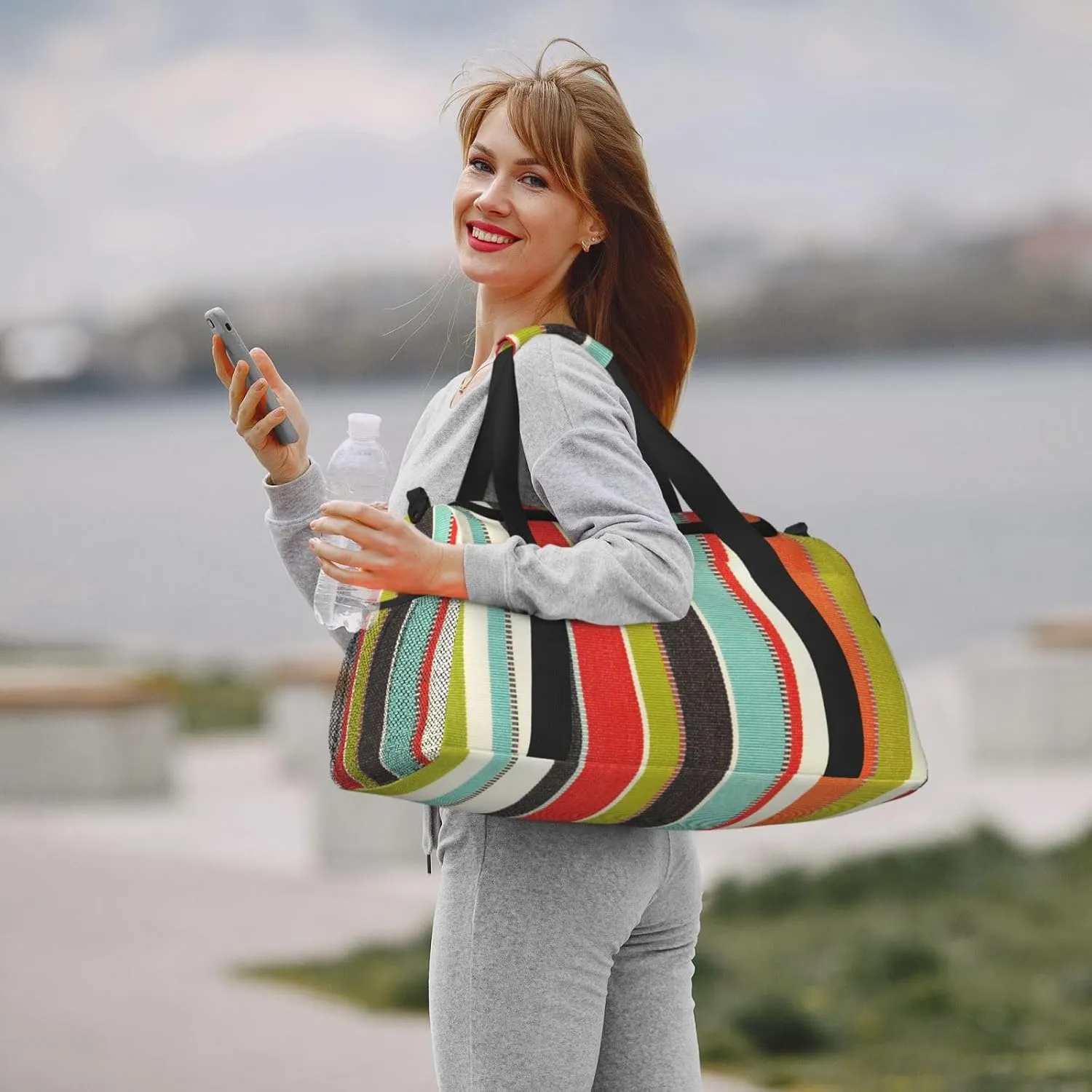 Green Thin Line Square Travel Duffel Bag Large Foldable Waterproof Overnight Bag For Beach Swim Bags Pool Sports Gym