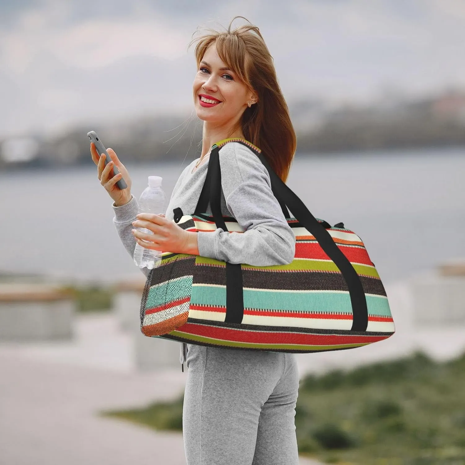Green Thin Line Square Travel Duffel Bag Large Foldable Waterproof Overnight Bag For Beach Swim Bags Pool Sports Gym